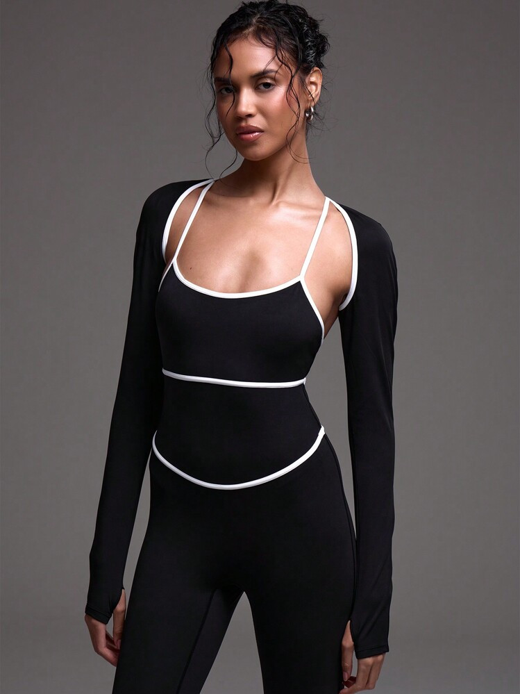 Musera Sport Contrast Seam Trim Detail Slinky Activewear Bolero Top, Padel, Tennis, Pickleball Gym Fitness | SHEIN