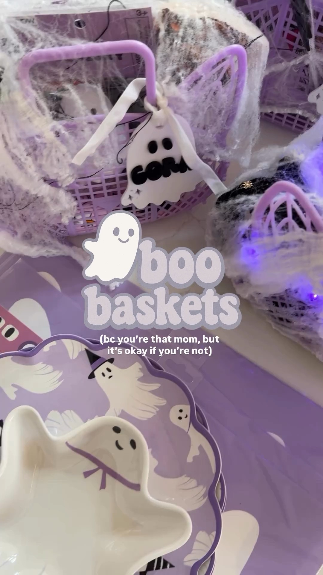 BOO 👻 BASKETS 🔮

tap follow and comment a 💜 for direct links and for more finds for the family, home inspo and DIY 

this is my 8th year of boo baskets for my girlies, if you haven’t noticed yet I love traditions and making everything extra special. my girls are (8,6,4) for reference. there are many things I started with my oldest and continued to stick with! I give them their boo baskets on October 1, ive had these jelly baskets for 3 years now ($5 at target) and they have held up great. I usually get plates and cups for them to use all season, along with a new book, some treats and some other little things I know they will use. they look forward to these every year now and I love that! 

I dress them up with some spiderweb and Halloween fairy lights ✨ and for the first time I finally got official name tags ◡̈