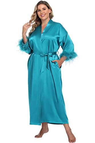Women Satin Kimono Robe Silky Bride Bridesmaid Robes Wedding Party Sleepwear Soft Bathrobe with Ostrich Feather Trim, Long Blackish Green | Amazon (US)