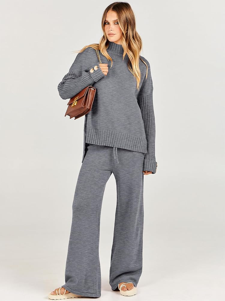 ANRABESS Women's Two Piece Outfits Sweater Sets Long Sleeve Knit Pullover and Wide Leg Pants Lounge  | Amazon (US)