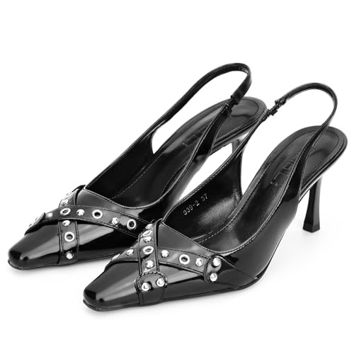 Kruldian Women's Low Kitten Heels Black Slingback Closed Pointed Toe Heels Eyelet Stilettos High Heel Slip On Sexy Comfortable Party Dressy Pump Shoes for Women 2.75 Inches Heels | Amazon (US)