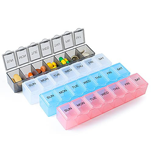 4 Pack Weekly Pill Organizer, 7 Days Pill Case Travel Daily Pill Box Portable Medicine Organizer and Planner with Compartment for Vitamins, Fish Oil, Supplements and Medication (4 Colors) | Amazon (US)