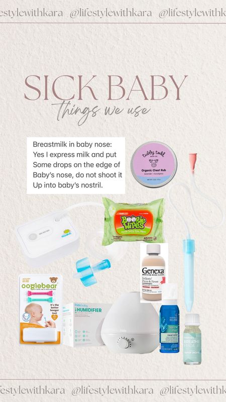 Sick baby, items we use & what I do! 
Chest rub is for baby 6months plus
Vicks oil in bath for 3months plus
For us putting my breast milk in his nose is the best way to loosen up mucus and then I suck out. I use pain reliever only when a fever is present! 

#LTKbaby