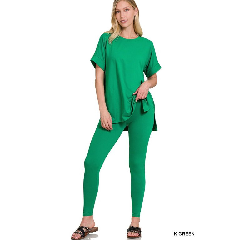 Zenana Women's Brushed DTY Microfier Round Neck Short Sleeve Hi-Low Hem & Full Length Leggings Lo... | Walmart (US)