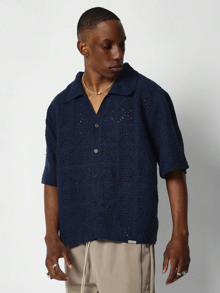 SUMWON Boxy Fit Button Through Crochet Knit Shirt | SHEIN