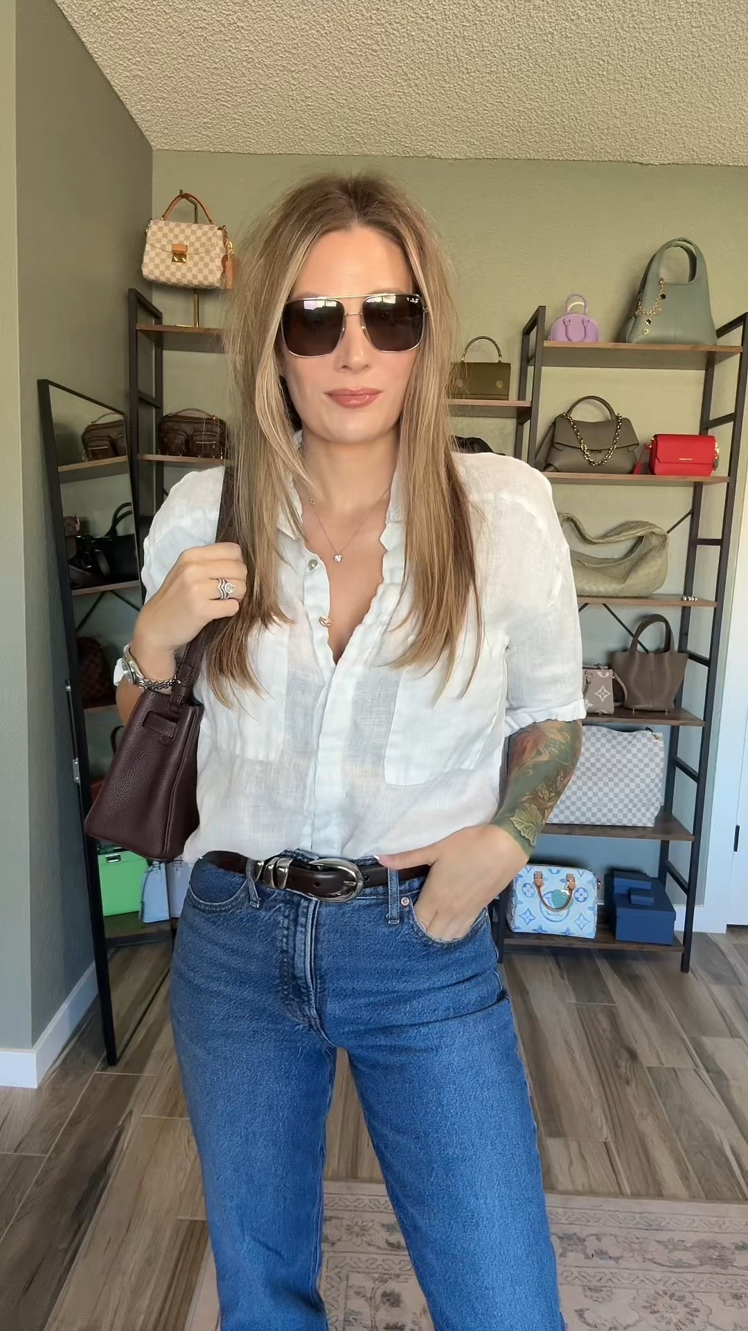 Wearing all of my closet staples in one outfit! 
My blouse is a size medium, and my jeans are a size 27 (4) regular I am 5 foot six for reference. 