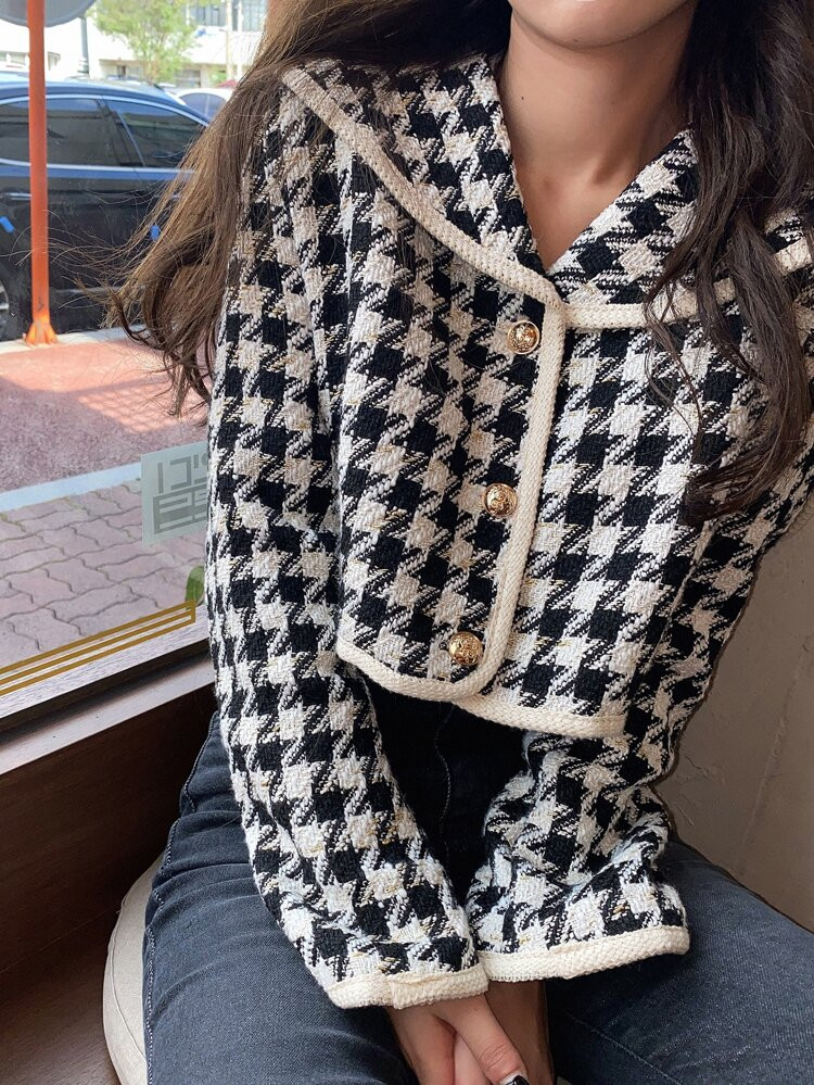 DAZY Houndstooth Print Sailor Collar Contrast Binding Jacket | SHEIN