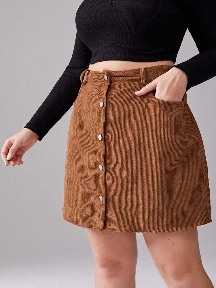Plus Button Through Corduroy Skirt | SHEIN