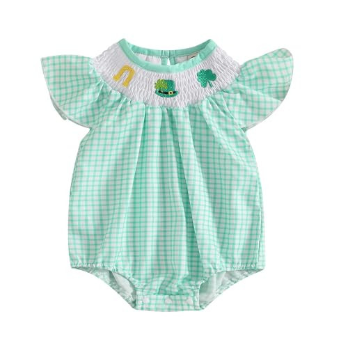 FIOMVA St Patricks Day Baby Girl Outfit Infant Smocked Bubble Romper Newborn Plaid Bodysuit Cute Toddler Summer Clothes (E Smocked Romper Plaid Green, 18-24 Months) | Amazon (US)