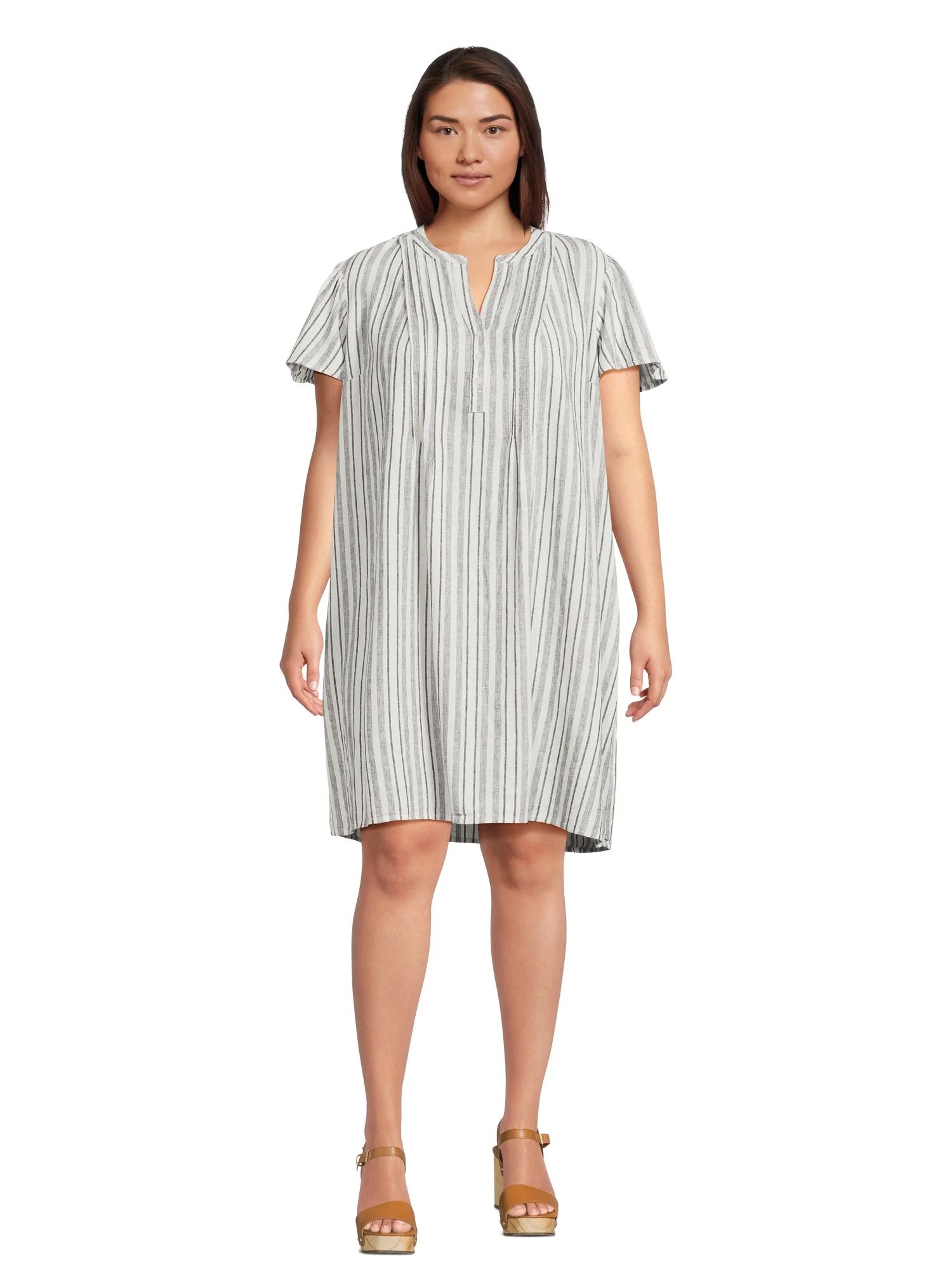 Terra & Sky Women's Plus Size Linen Blend Pintuck Dress with Flutter Sleeves | Walmart (US)
