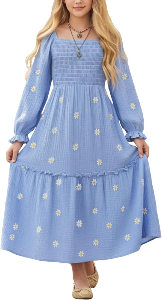 Sunny Spirit Girls Dresses Winter Maxi Tween Boho Floral Long Puff Sleeves Square Neck Embroidere... | Amazon (US)