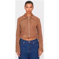 Brown Shoulder Pad Detail Faux Suede Jacket | PrettyLittleThing US