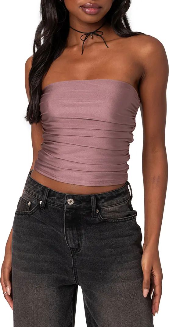 EDIKTED Maxeen Shiny Ruched Tube Top | Nordstrom | Nordstrom