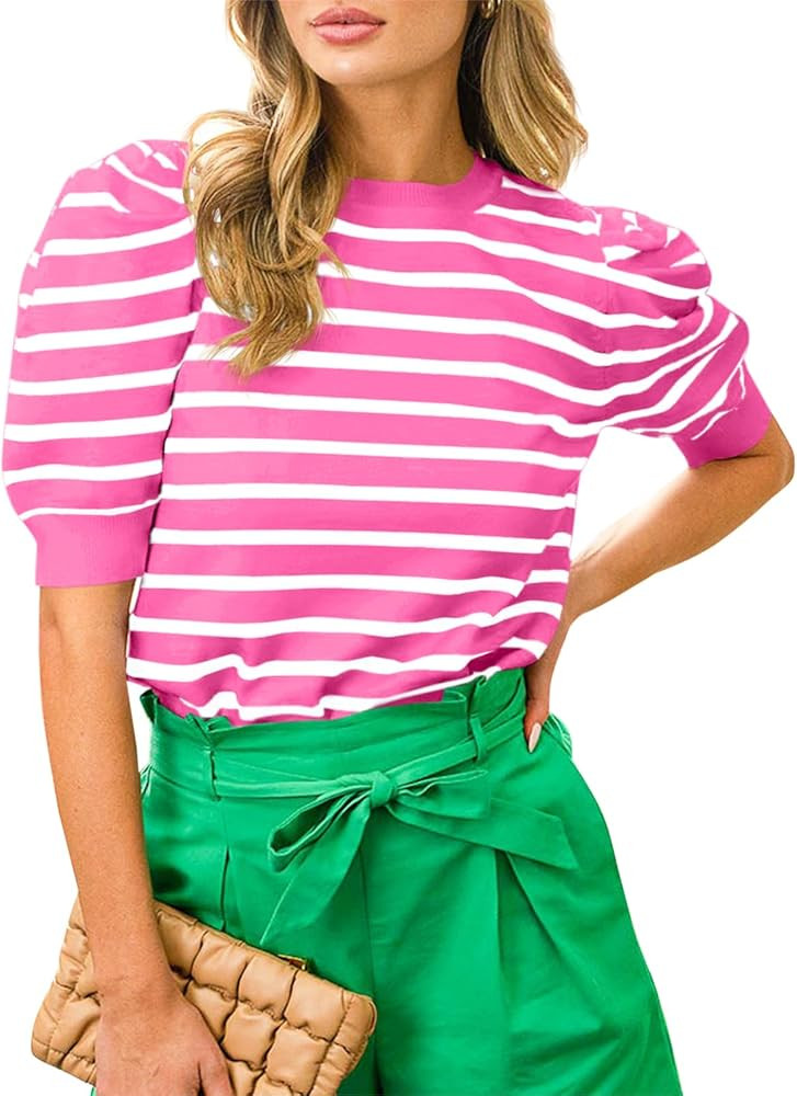 Langwyqu Womens Striped Sweaters Puff Short Sleeve Tops Crew Neck 2024 Spring Summer Trendy Casua... | Amazon (US)