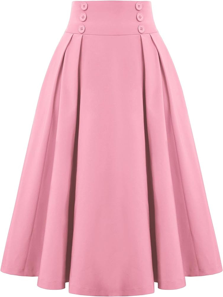 Belle Poque Women's Vintage High Waist Pleated Midi A-Line Skirt with Pockets | Amazon (US)
