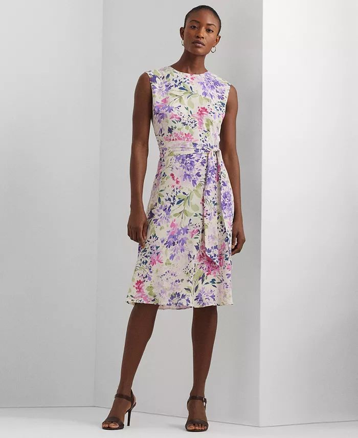 Lauren Ralph Lauren Women's Floral Belted Bubble Crepe Dress - Macy's | Macy's