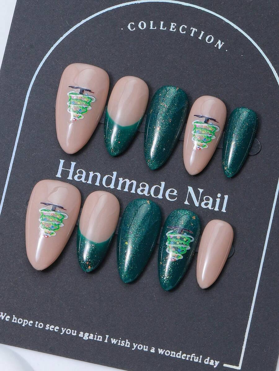 10pcs/Set Press On Nail, Almond Shaped Nail Cap, Christmas Themed, Hand Painted Christmas Tree, F... | SHEIN