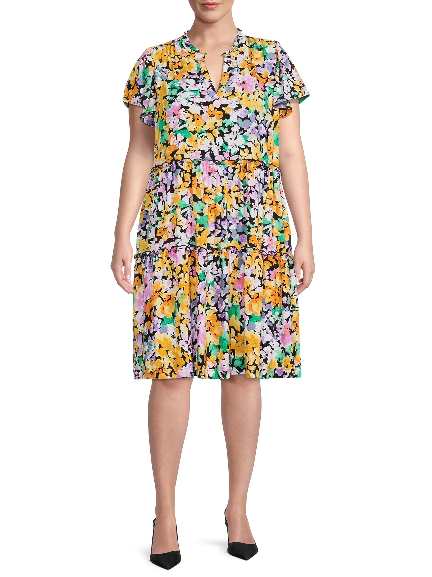 Terra & Sky Women's Plus Size Floral Tiered Dress with Short Flutter Sleeves - Walmart.com | Walmart (US)