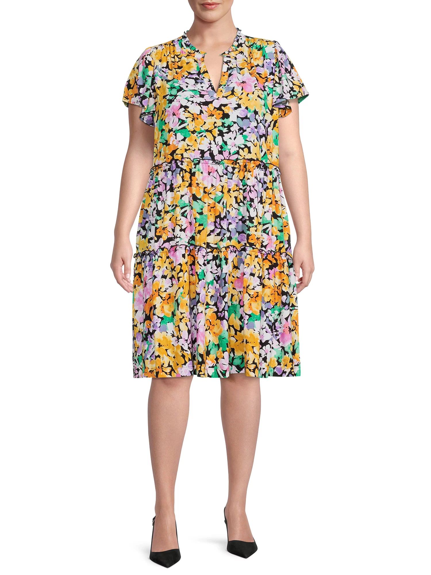 Terra & Sky Women's Plus Size Floral Tiered Dress with Short Flutter Sleeves | Walmart (US)