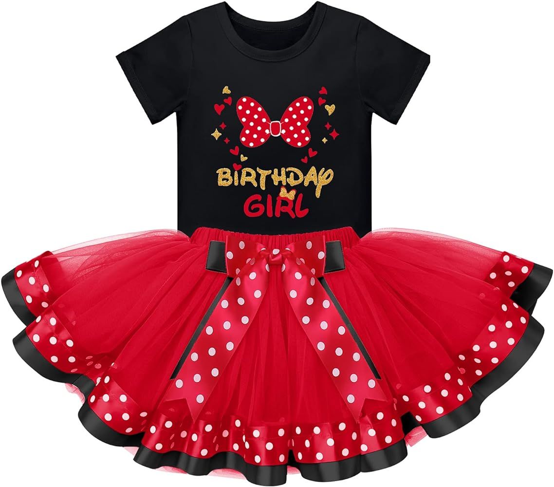 IDOPIP 3rd Birthday Girl Outfit Baby Shirt Polka Dots Tutu Skirt Ear Headband for 3 Year Old Prin... | Amazon (US)