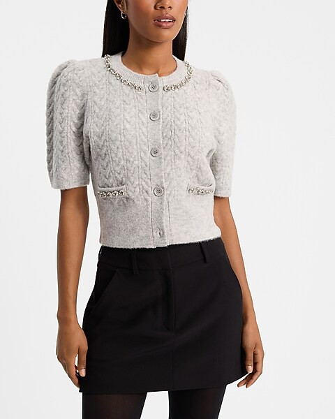 Embellished Cable Knit Short Sleeve Cardigan | Express