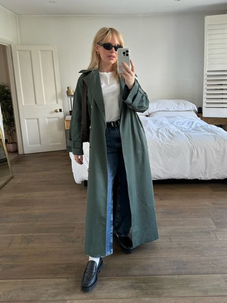 Aligne trench coat, green trench coat, blue jeans, comfy outfit, smart casual outfit, net a porter, arket, penny loafers, balloon jeans, agolde 

#LTKSeasonal #LTKeurope #LTKstyletip