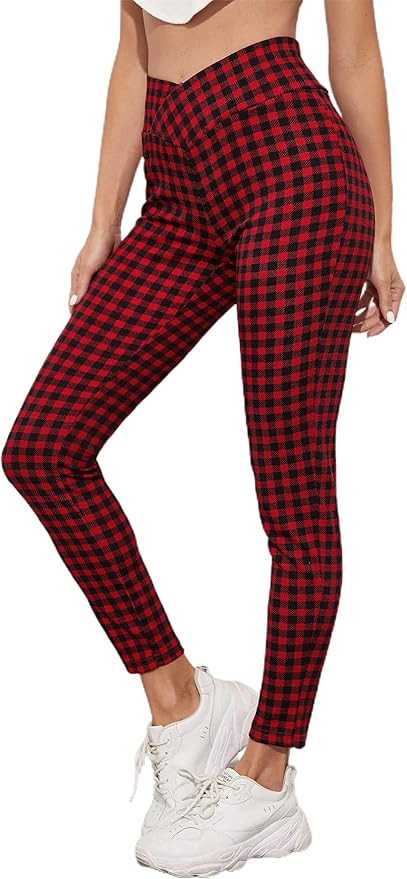 WDIRARA Women's Gingham Elastic Waist Overlap Casual Plaid Skinny Leggings Burgundy Plaid L at Am... | Amazon (US)