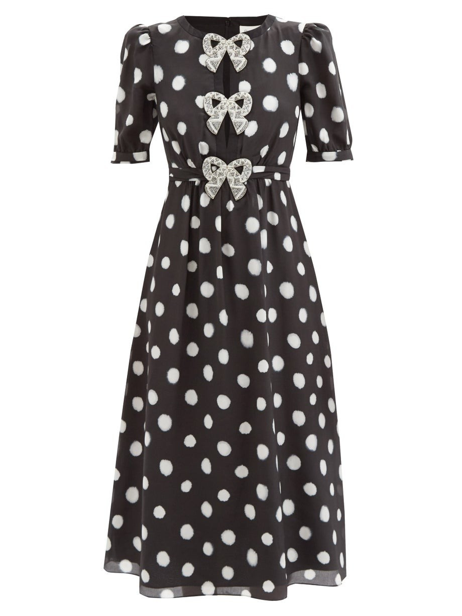 Jamie crystal-bow polka-dot silk-crepe midi dress | Matches (US)