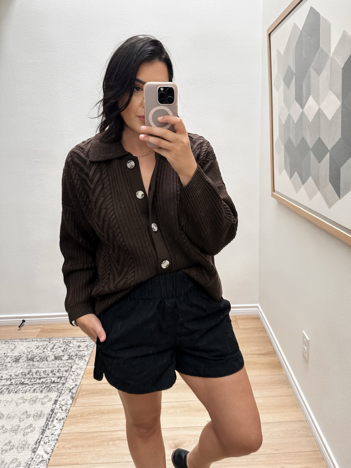 This sweater is new to me and I think new to Quince. I’m in the medium and it’s a loose, generous fit. Super soft but structured fit. I love this chocolate brown too, this is going to be a big color for fall. 

Runs generously, but overall I’m in my TTS size.

I’ve still been getting so much wear out of these poplin shorts, even this fall so I wanted to link them here! I’m in the large, but the medium would fit too. I think they run TTS! Size up for a relaxed fit.  

 
