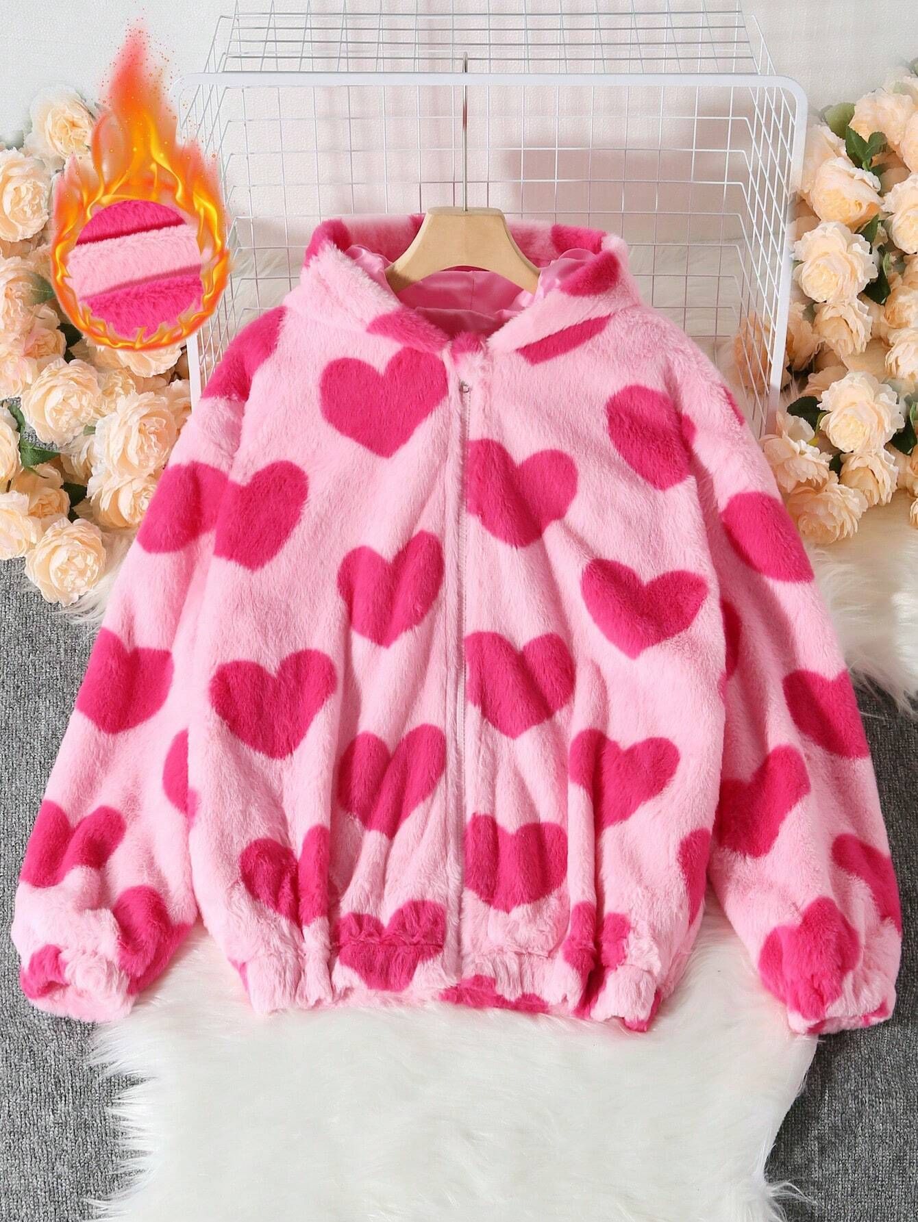 Teen Girl Heart Pattern Hooded Teddy Jacket | SHEIN