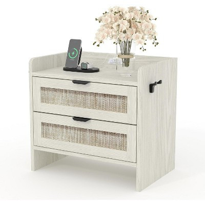 Rattan Nightstands, Bedside Table - Bedroom Night Stand with Type-c Charging Station, 2 Drawers Storage, Boho Night Stands End Table,White | Target