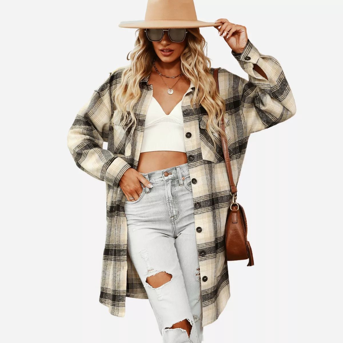 Women's Long Sleeve Plaid Button Down Jacket - Cupshe - Beige/Black | Target