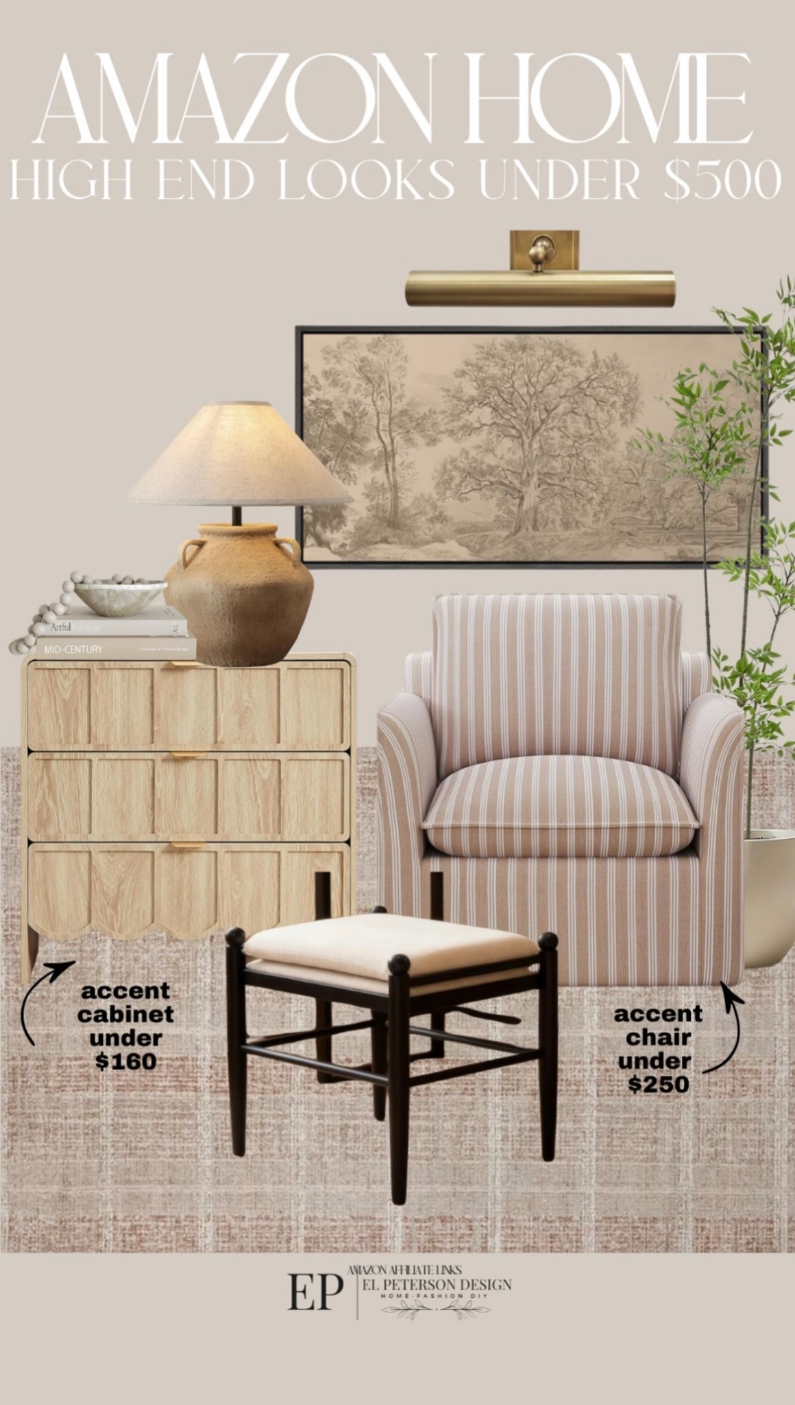 Amazon
Accent chair
Dresser drawer 
Ottoman
Artwork
Picture light
Table lamp
Faux tree
Table lamp 

#LTKHome