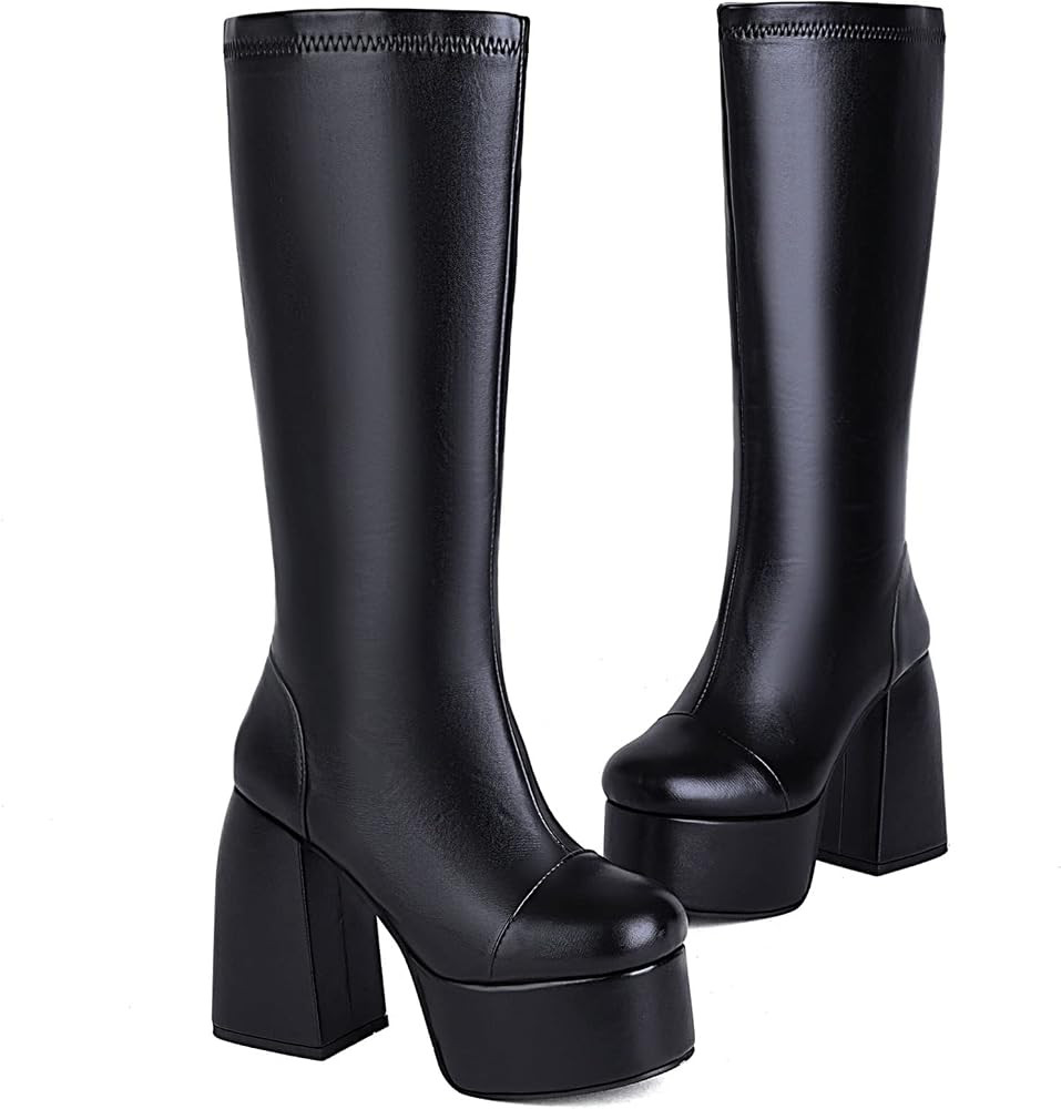 VOMIRA Punk Platform Boots for Women Chunky High Heel Elastic Ankle Boots Black Block Heel Party Boo | Amazon (US)