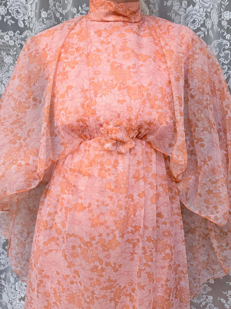 Vintage Handmade 1970s Pink Peach Batwing Cape Floral Maxi Dress | Etsy (Global)