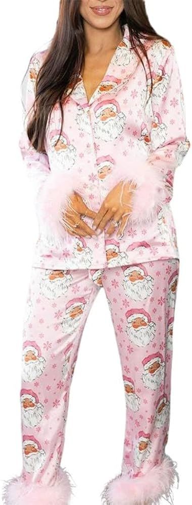 Thopavenoir Women Christmas Pajamas Set Satin Furry Trim Outfit Set Long Sleeve Button Down Plaid... | Amazon (US)