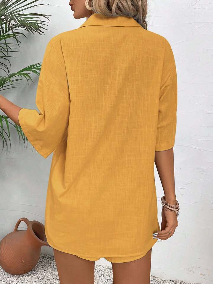 LanaWest 2-delige dames casual set: effen gedrapeerd schouder shirt met enkele rij knopen en shor... | SHEIN