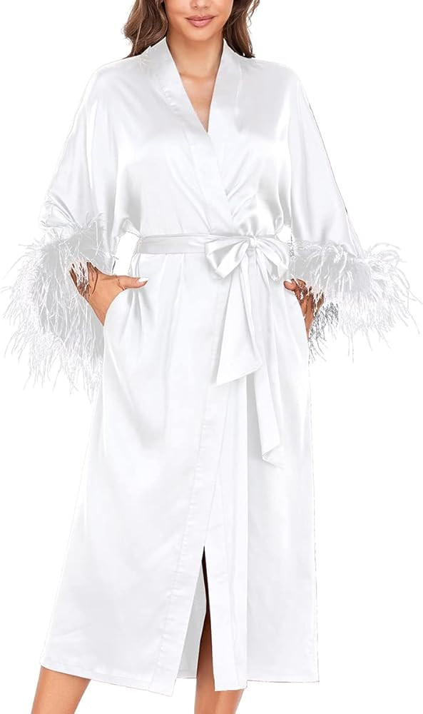 WADAYUYU Feather Robes for Women Long Sleeve Silky Kimono Bride Robe Satin Bath Bridesmaid Dressi... | Amazon (US)