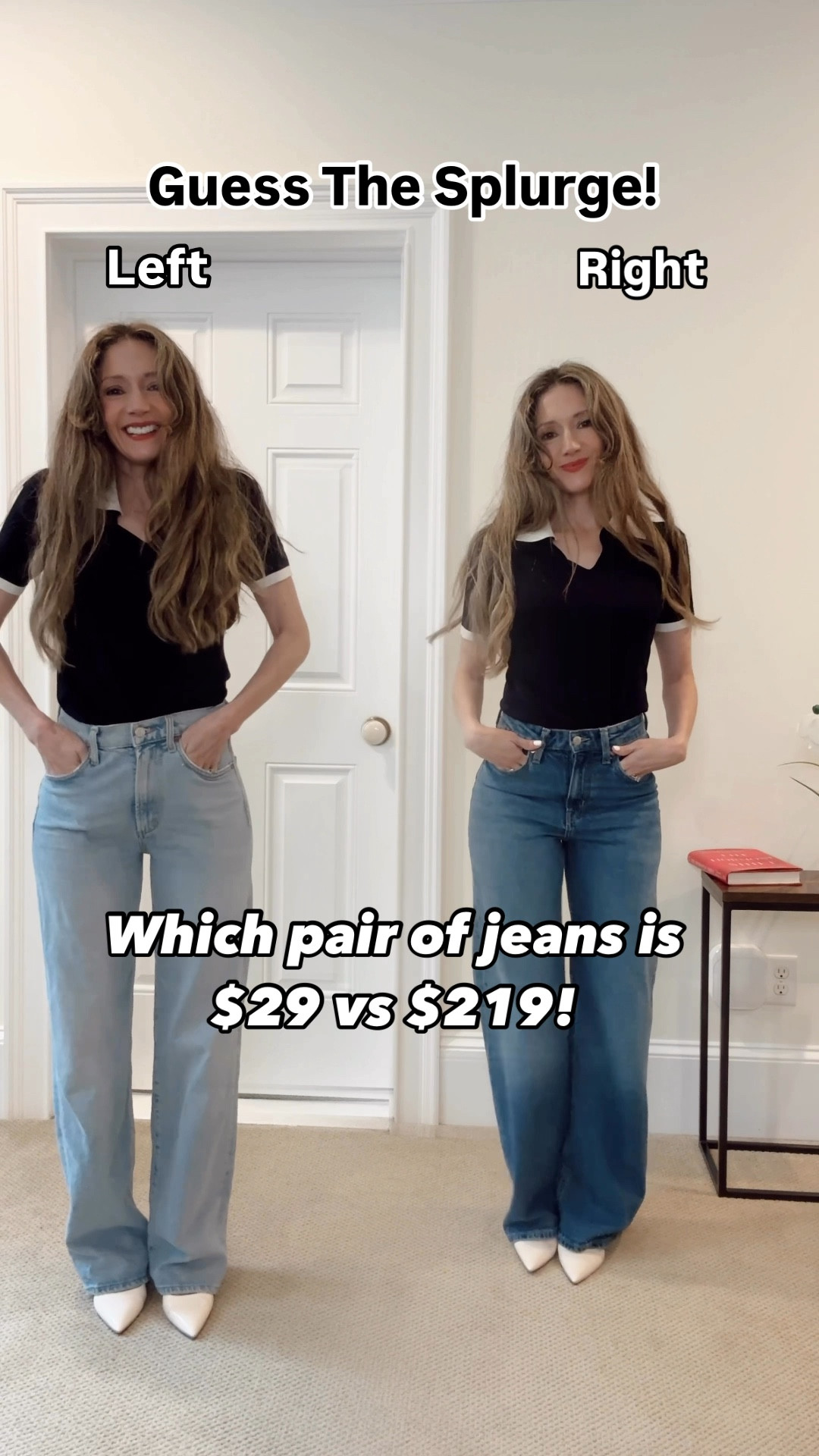 Which is $29!? Left is $219 and wearing the color flash and the right is $29 and wearing the color denim blue! 
Both come in several washes, I think a dark denim leans towards looking more expensive, fyi! 
Both have a mid rise, have a slight wide leg and borderline straight jeans that give that very relevant and relaxed silhouette that we’re seeing a lot this year. 
Both are super soft, flattering, smoothing ,if you know what I mean😉They’re TTS, wearing a 24 here, I’m 5’4.
PS my polo is 20% off with code ziba20! 

#LTKFindsUnder50 #LTKStyleTip #LTKVideo