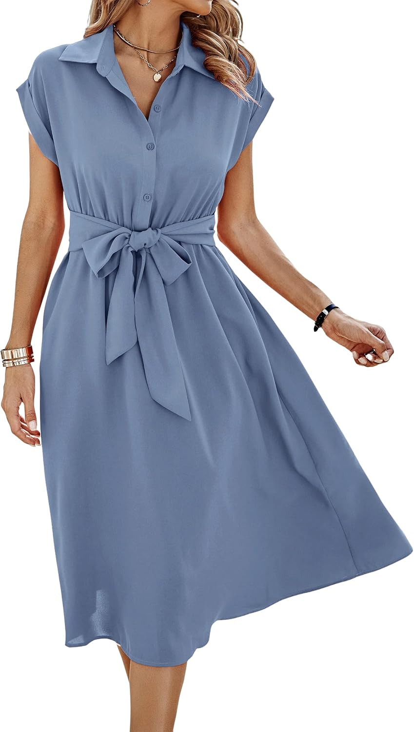 ECOWISH Womens Casual Midi Dresses Solid V Neck Short Sleeve Button Shirt Belted Dress with Pockets for Spring Summer 2026 | Amazon (US)