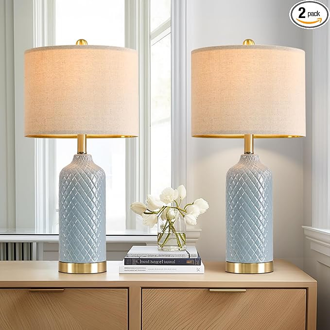 24.25" Modern Ceramic Blue Table Lamps Set of 2 for Living Room Bedroom Bedside Table Lamp for Ni... | Amazon (US)