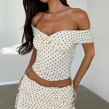 Women Y2K Polka Dot Off Shoulder Crop Top Coquette Twist Front Ruched Slim Fit Ruffled Sleeves Su... | Amazon (US)