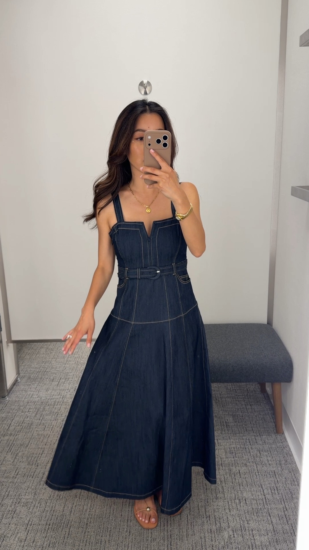 Trying on the Nsale denim dress size 00 from the designer Cinq a Sept. fabric has a little structure to it. 

Petite friendly length, Adjustable straps and belt with side zipper