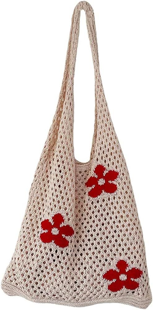 Flower Crochet Tote Bag, Woven Beach Totes Bags for Women,Simple Knitting Hollow Handmade Weaving... | Amazon (US)
