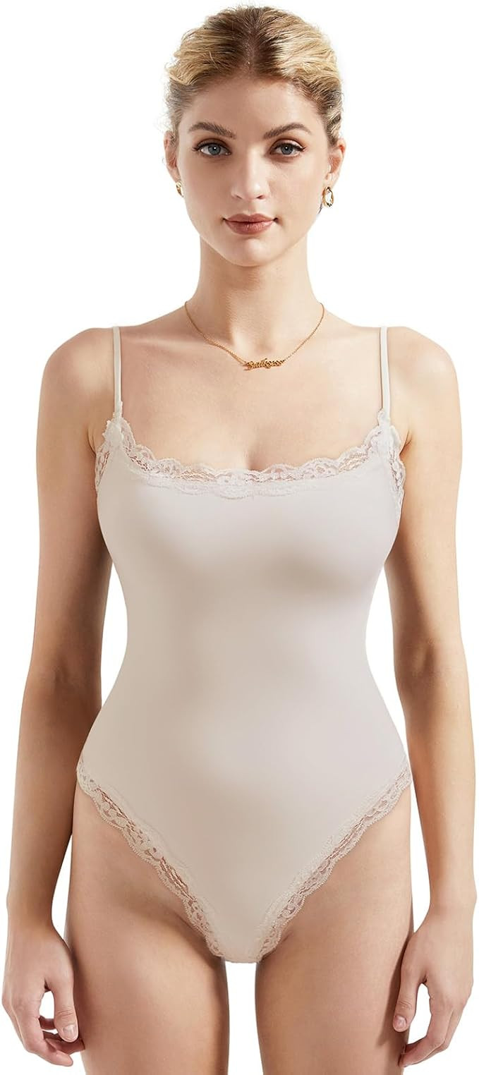 SUUKSESS Women Square Neck Lace Bodysuit Sleeveless Spaghetti Strap Tank Top | Amazon (US)