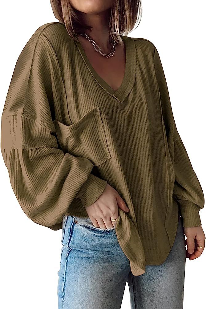 BTFBM Women Casual V Neck Ribbed Knitted Shirts Tunic Tops Loose Balloon Sleeve Solid Pullover Blous | Amazon (US)