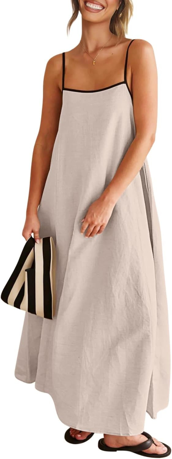 Shy Velvet Women's 2024 Summer Linen Maxi Dress Contrast Spaghetti Strap Dress Backless Sleeveles... | Amazon (US)