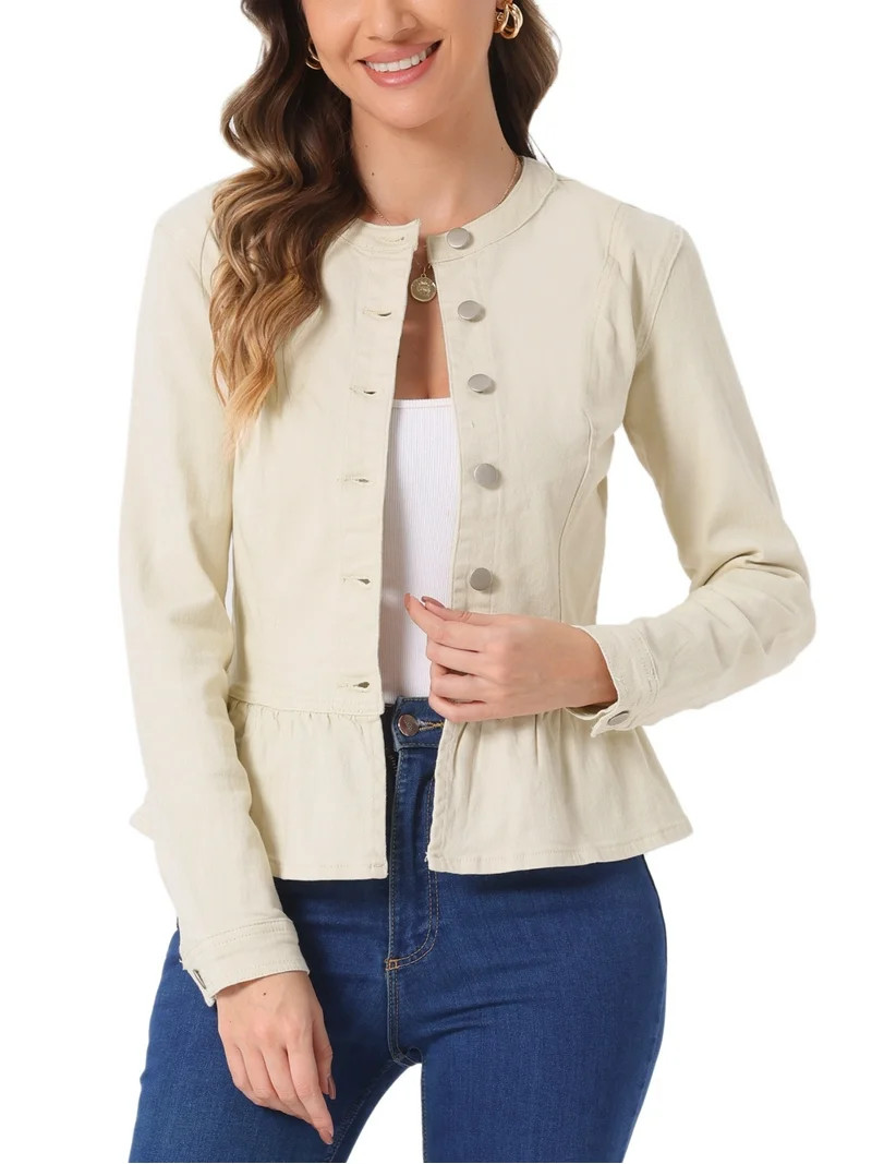 INSPIRE CHIC Women's Denim Jackets Button Down Peplum Hem Long Sleeves Cropped Jean Jackets Oyste... | Walmart (US)