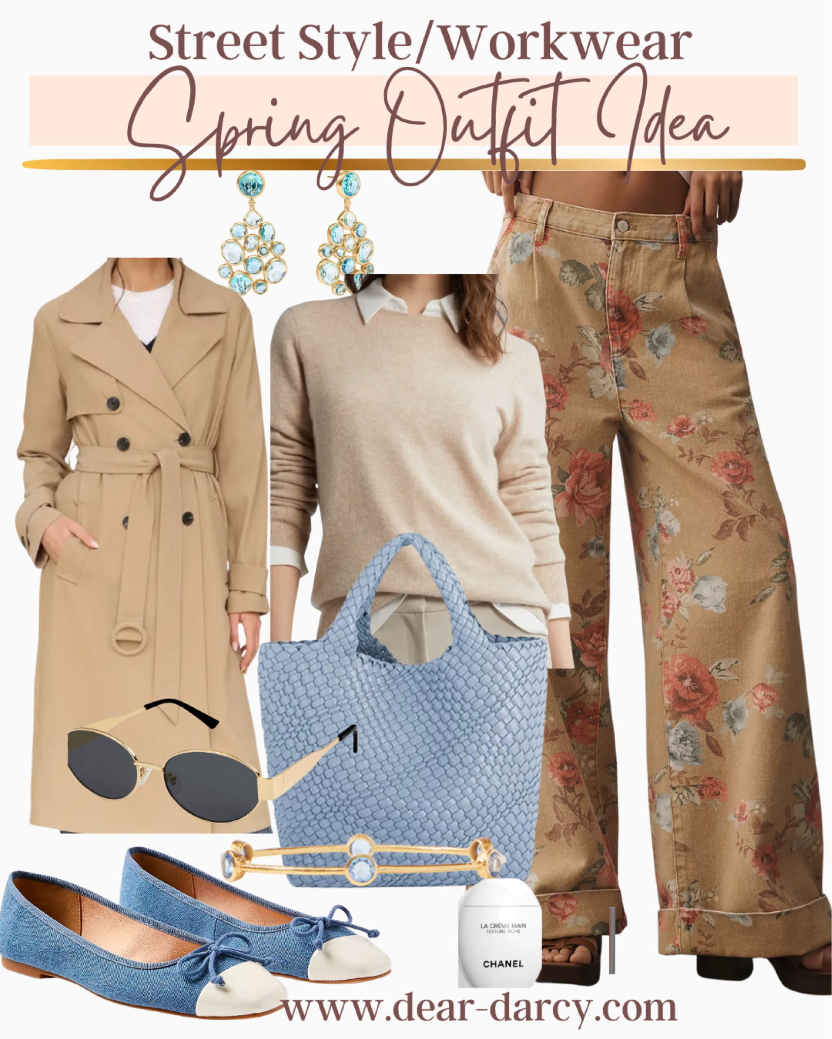 Spring outfit inspo 
Workwear/ street style/ meetings 

Floral pant tts 
Light blue woven bag
Cream sweater 
Loft denim cap toe ballet flats 
Julie Vos jewelry 
Raincoat 
Sunglasses designer vibe 
Chanel lotion 



#LTKStyleTip #LTKWorkwear #LTKOver40
