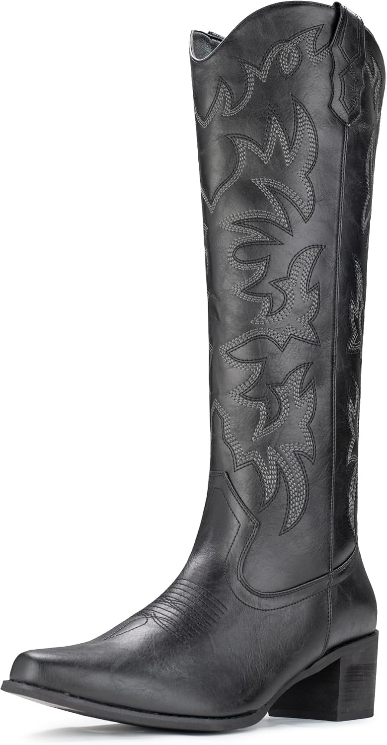 Women's Cowboy Boots Knee High Western Snip Toe Side Zipper Chunky Heel | Amazon (US)